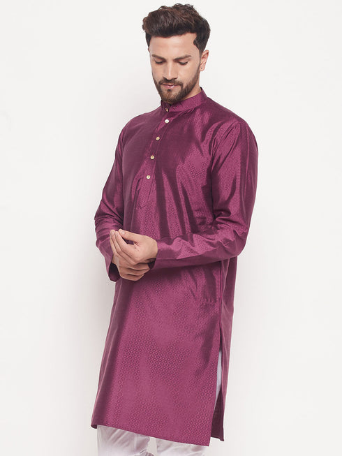 Men's Purple Square Woven Design Silk Blend Kurta
