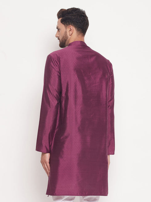 Men's Purple Square Woven Design Silk Blend Kurta