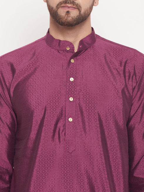Men's Purple Square Woven Design Silk Blend Kurta
