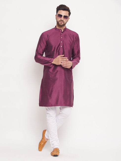 Men's Purple Square Woven Design Silk Blend Kurta