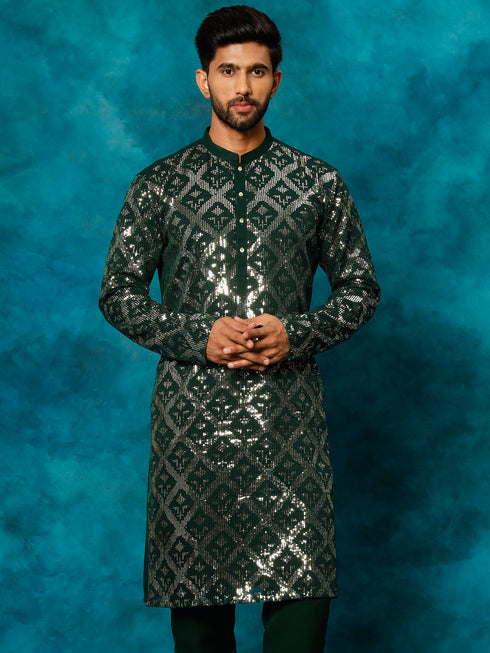 Men's Green Embellished Georgette Kurta