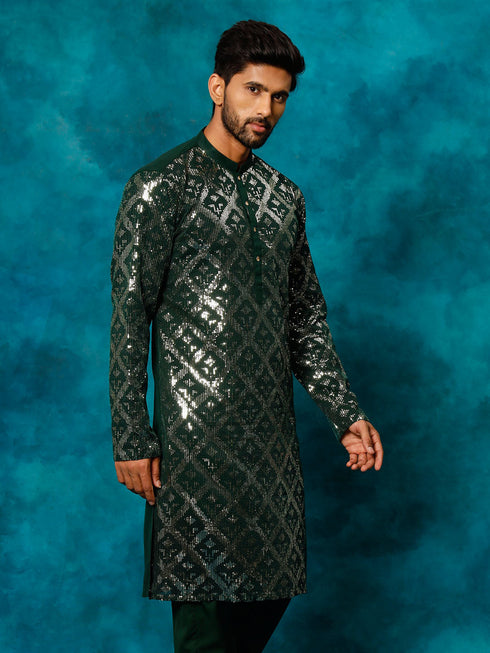 Men's Green Embellished Georgette Kurta