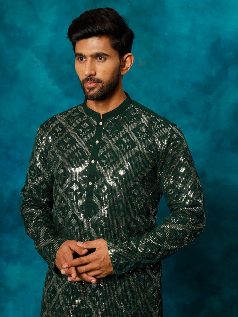 Men's Green Embellished Georgette Kurta