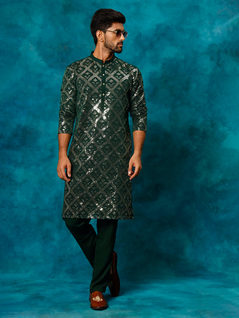 Men's Green Embellished Georgette Kurta