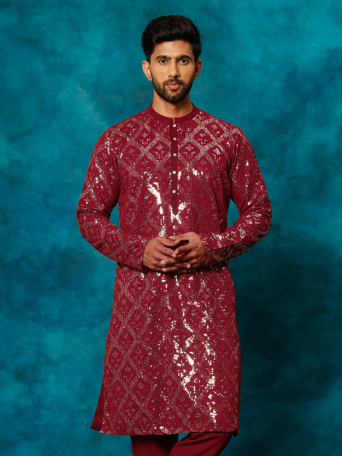 Men's Maroon Embellished Georgette Kurta