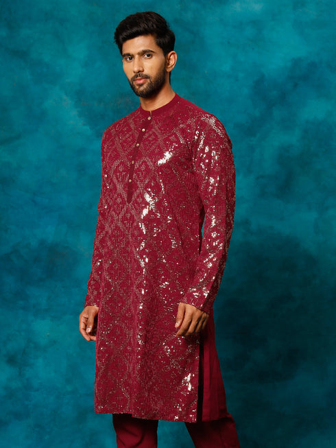 Men's Maroon Embellished Georgette Kurta