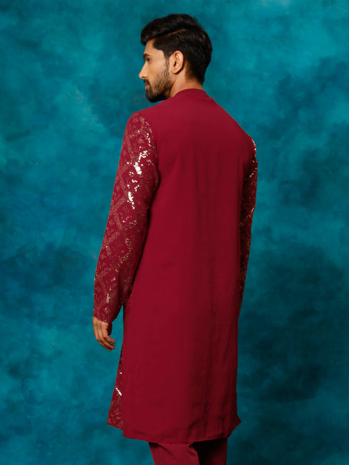 Men's Maroon Embellished Georgette Kurta