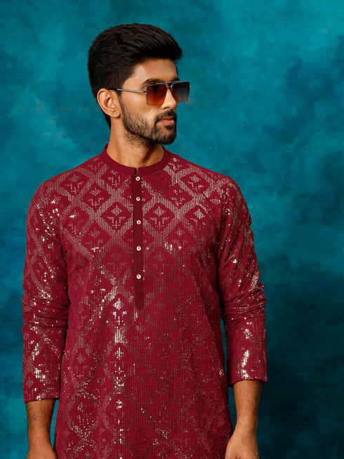 Men's Maroon Embellished Georgette Kurta