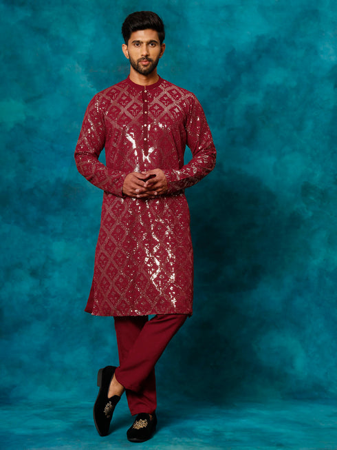 Men's Maroon Embellished Georgette Kurta