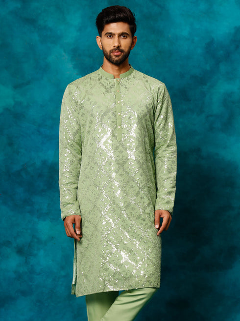 Men's Mint Green Embellished Georgette Kurta