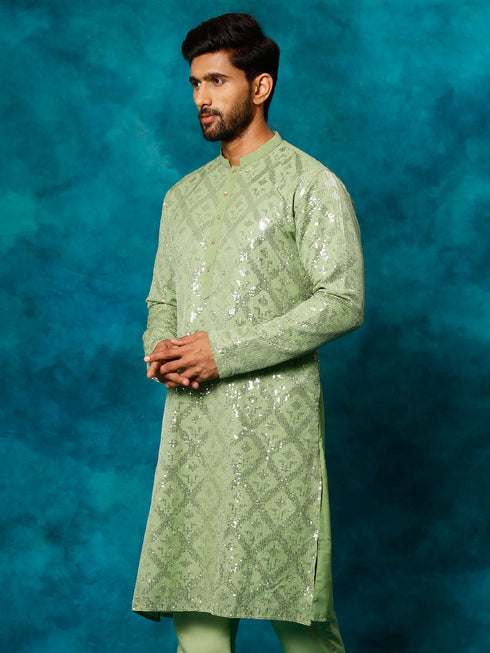 Men's Mint Green Embellished Georgette Kurta