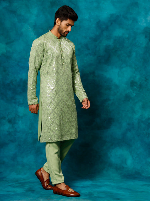 Men's Mint Green Embellished Georgette Kurta