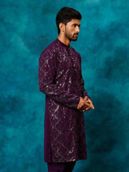 Men's Purple Embellished Georgette Kurta