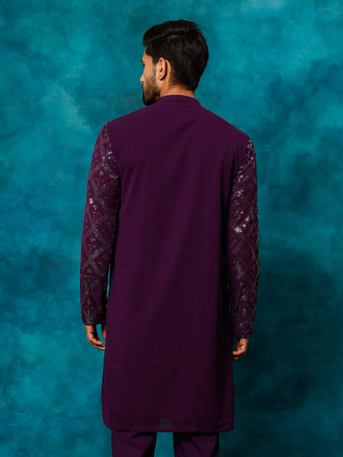 Men's Purple Embellished Georgette Kurta