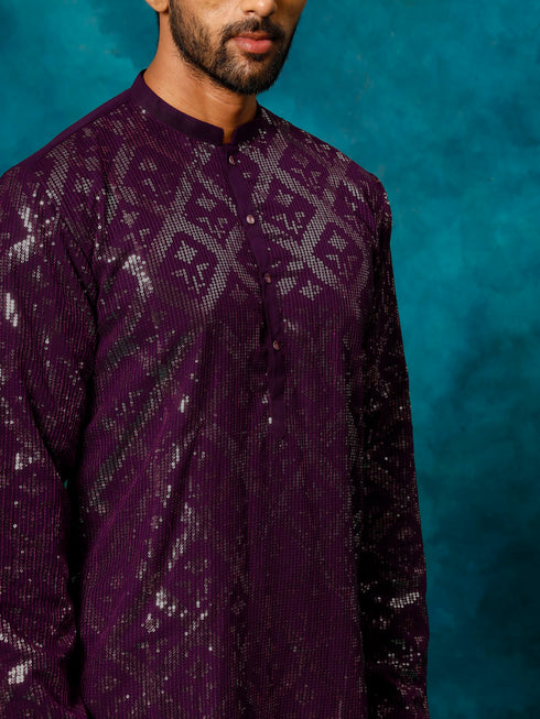 Men's Purple Embellished Georgette Kurta