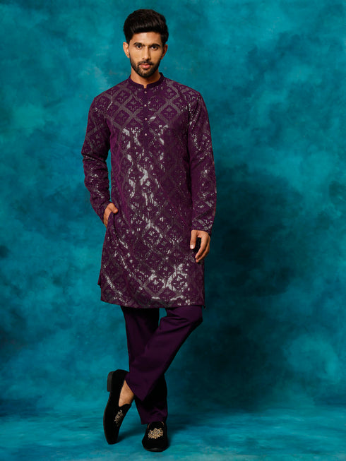Men's Purple Embellished Georgette Kurta