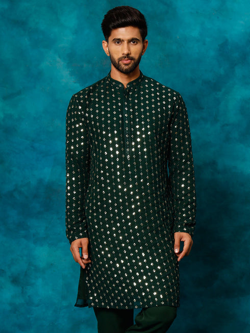 Men's Green Georgette Sequins Kurta