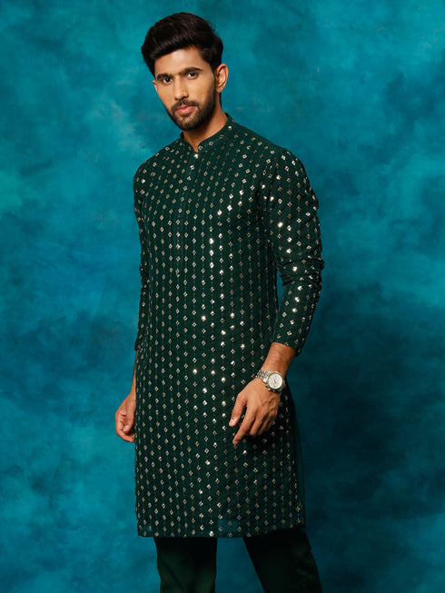Men's Green Georgette Sequins Kurta