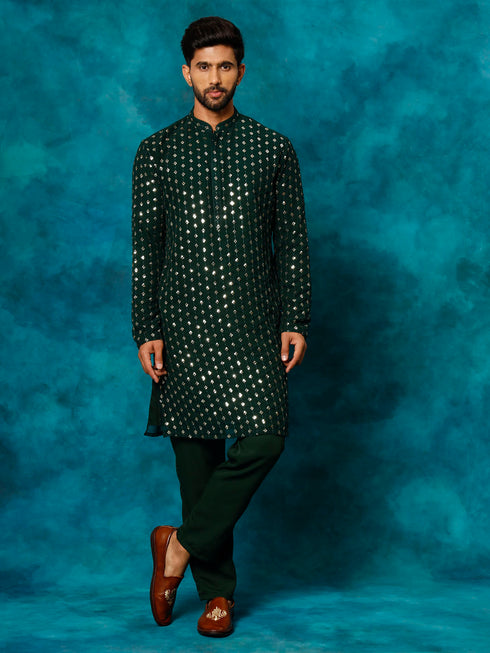 Men's Green Georgette Sequins Kurta