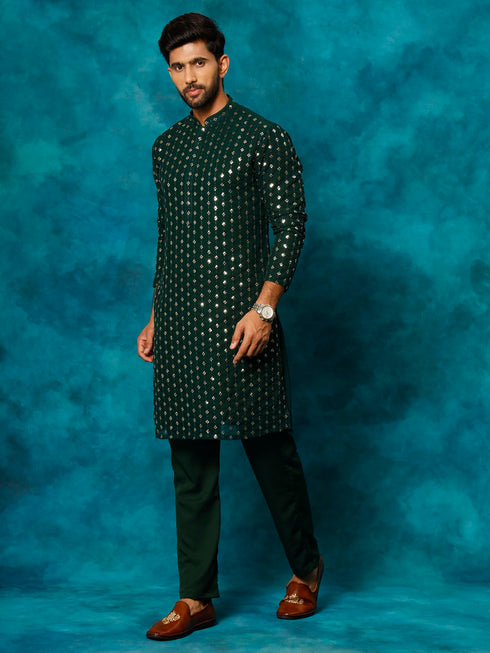 Men's Green Georgette Sequins Kurta Pyjama Set