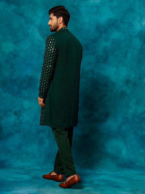 Men's Green Georgette Sequins Kurta Pyjama Set