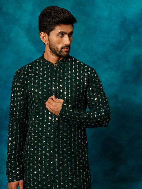 Men's Green Georgette Sequins Kurta Pyjama Set