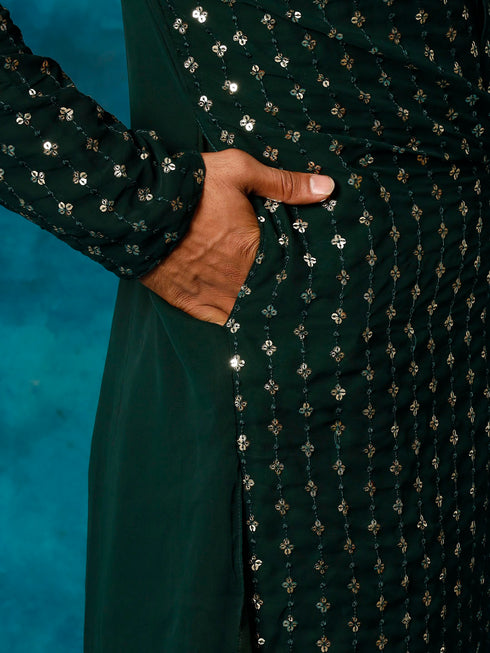 Men's Green Georgette Sequins Kurta Pyjama Set