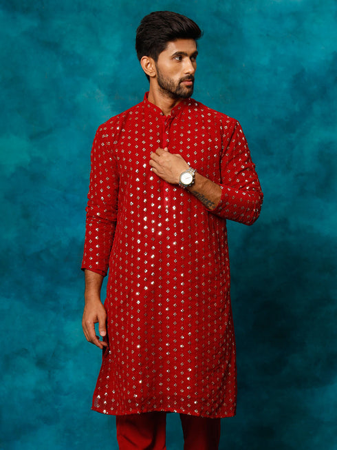 Men's Maroon Georgette Sequins Kurta