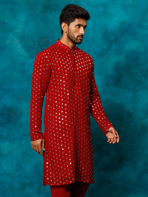 Men's Maroon Georgette Sequins Kurta