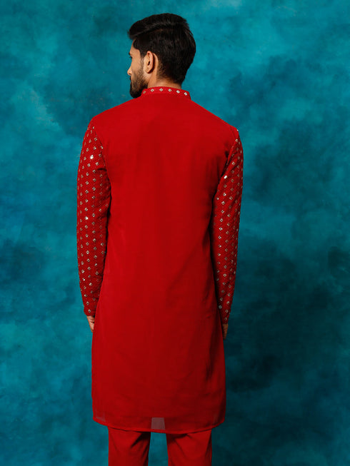 Men's Maroon Georgette Sequins Kurta