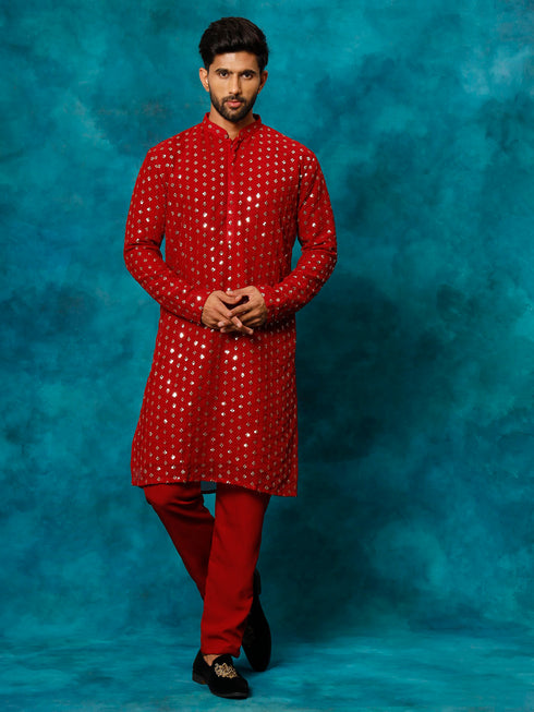 Men's Maroon Georgette Sequins Kurta