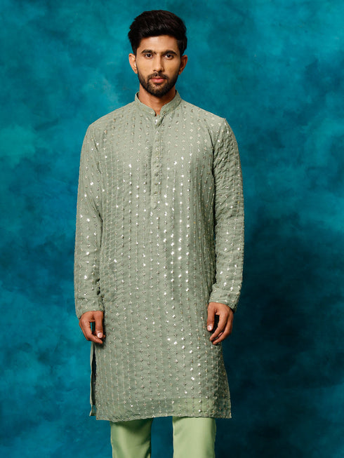 Men's Mint Green Georgette Sequins Kurta