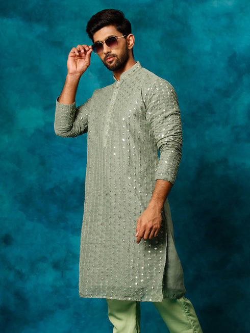 Men's Mint Green Georgette Sequins Kurta