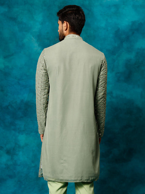 Men's Mint Green Georgette Sequins Kurta