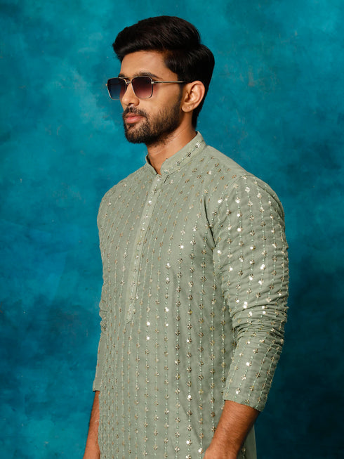 Men's Mint Green Georgette Sequins Kurta