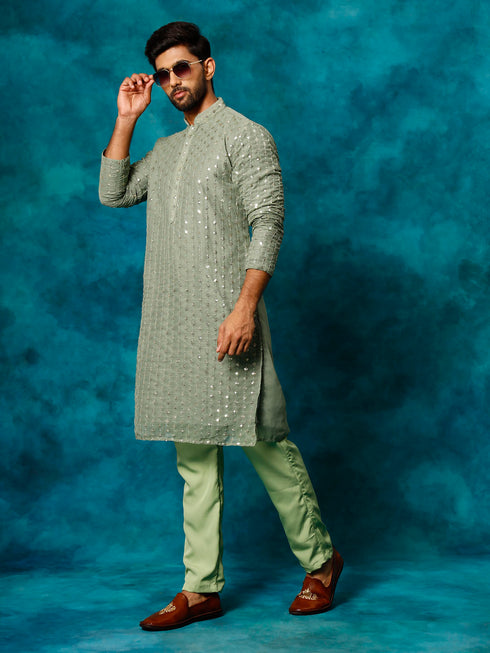 Men's Mint Green Georgette Sequins Kurta