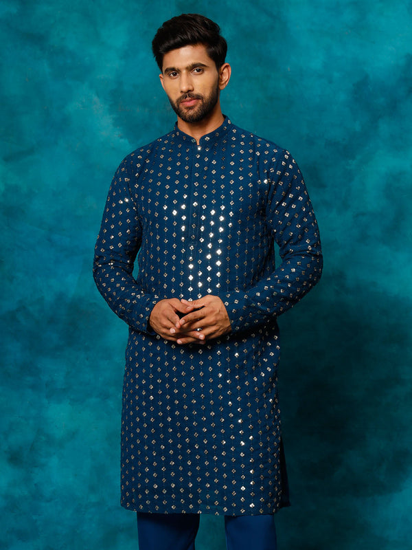 Men's Navy Blue Georgette Sequins Kurta