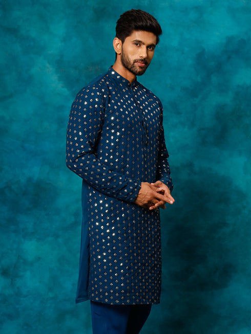 Men's Navy Blue Georgette Sequins Kurta
