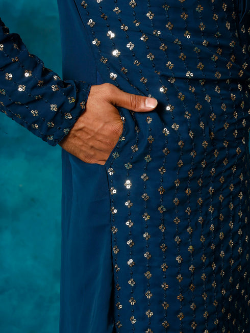 Men's Navy Blue Georgette Sequins Kurta
