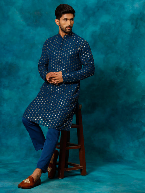 Men's Navy Blue Georgette Sequins Kurta
