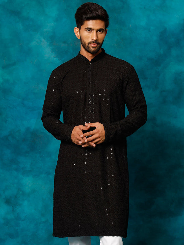 Men's Black Rayon Schiffli Kurta