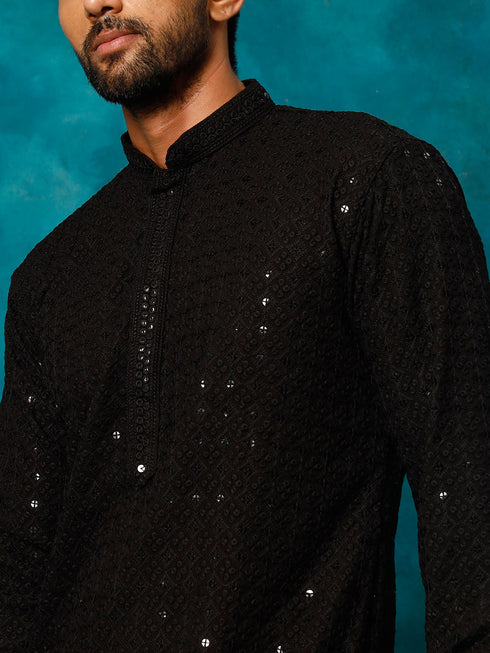 Men's Black Rayon Schiffli Kurta