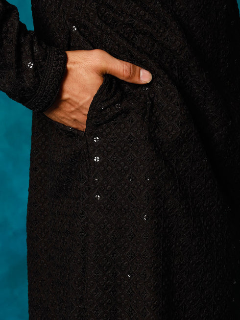 Men's Black Rayon Schiffli Kurta