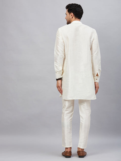 Men's Cream Silk Blend Curved Kurta Pant Set