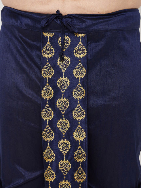 Men's Plus Size Navy Blue Cotton Blend Embroidered Traditional Dhoti