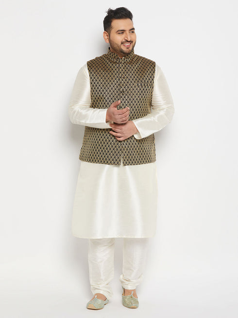 Men's Plus Size Black And Gold Jacquard Nehru Jacket