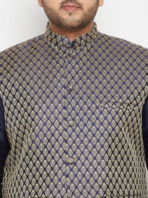 Men's Plus Size Navy Blue Woven Silk Blend Jacket Kurta Pyjama Set
