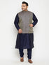 Men's Plus Size Navy Blue Woven Silk Blend Jacket Kurta Pyjama Set