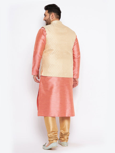 Men's Plus Size Cream Ethnic Cream Jacket With Pink Silk Blend Kurta And Golden Pyjama Set