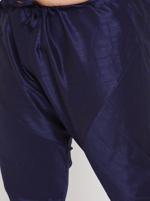 Men's Plus Size Navy Blue Silk Blend Kurta Pyjama Set